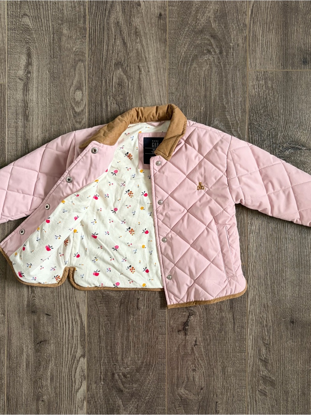 GAP Light Pink Quilted Jacket with Corduroy Collar and Floral Lining